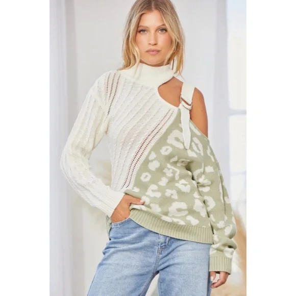 SOLD OUT Sage Leopard Print Cable Knit Long Sleeve Cold Shoulder Buckle Sweater - Picture 4 of 6